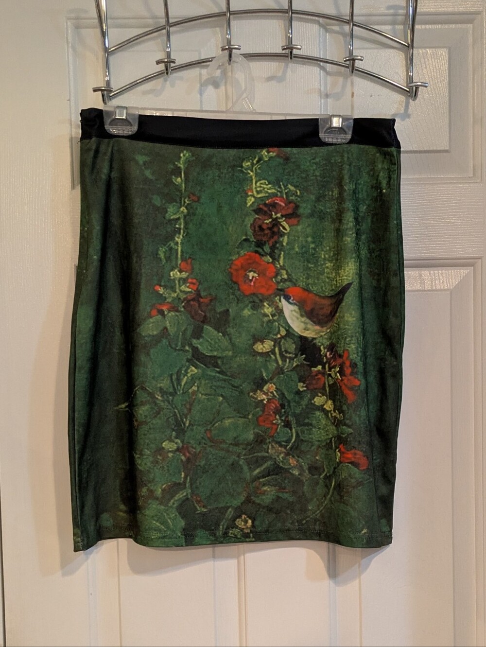MISSLOOK Green Botanical Pencil Skirt with Red Floral and Bird Print